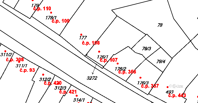 Bystřice pod Hostýnem 107 na parcele st. 176/1 v KÚ Bystřice pod Hostýnem, Katastrální mapa