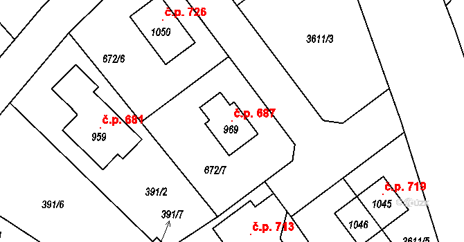 Černilov 687 na parcele st. 969 v KÚ Černilov, Katastrální mapa
