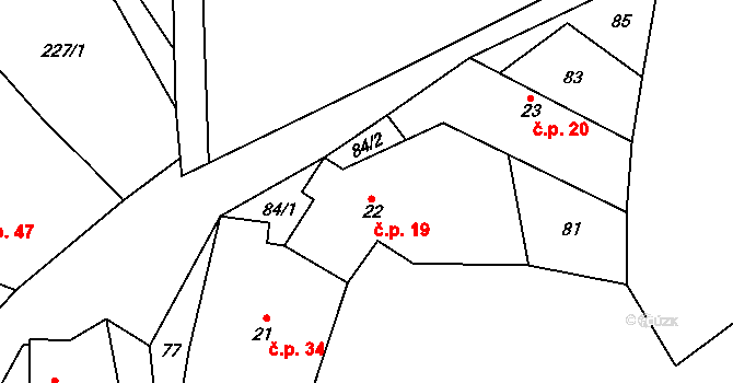 Miletín 19, Onomyšl na parcele st. 22 v KÚ Miletín u Onomyšle, Katastrální mapa