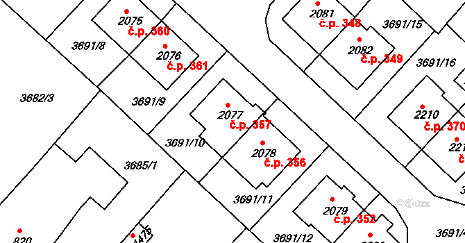 Telč-Podolí 357, Telč na parcele st. 2077 v KÚ Telč, Katastrální mapa