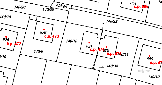 Rožďalovice 474 na parcele st. 621 v KÚ Rožďalovice, Katastrální mapa