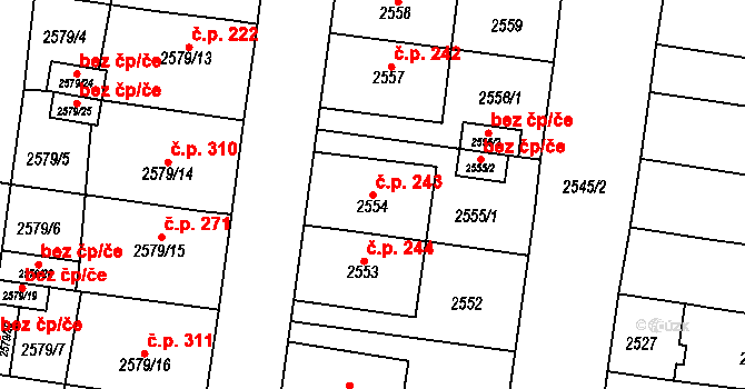 Nosálovice 243, Vyškov na parcele st. 2554 v KÚ Vyškov, Katastrální mapa