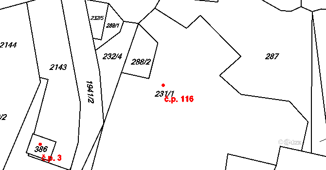 Liptaň 116 na parcele st. 231/1 v KÚ Liptaň, Katastrální mapa
