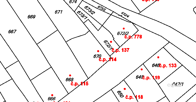 Velká Bystřice 114 na parcele st. 670 v KÚ Velká Bystřice, Katastrální mapa