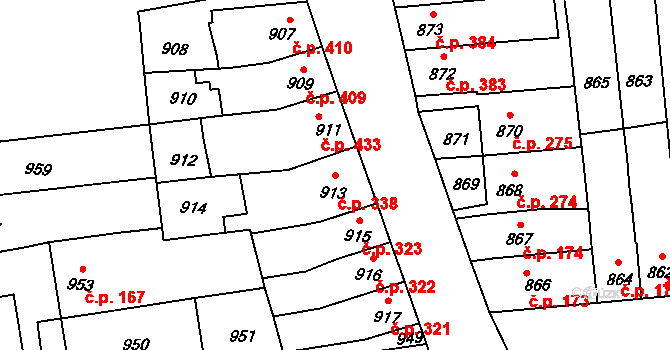 Tuřany 338, Brno na parcele st. 913 v KÚ Tuřany, Katastrální mapa