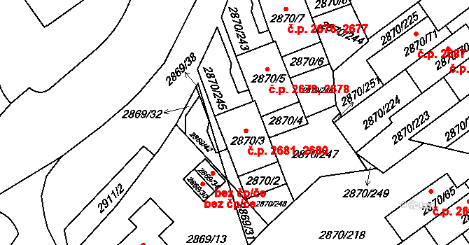 Teplice 2680,2681 na parcele st. 2870/3 v KÚ Teplice, Katastrální mapa