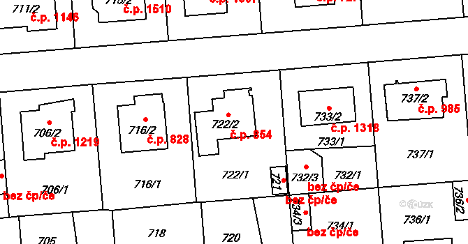 Kyje 854, Praha na parcele st. 722/2 v KÚ Kyje, Katastrální mapa