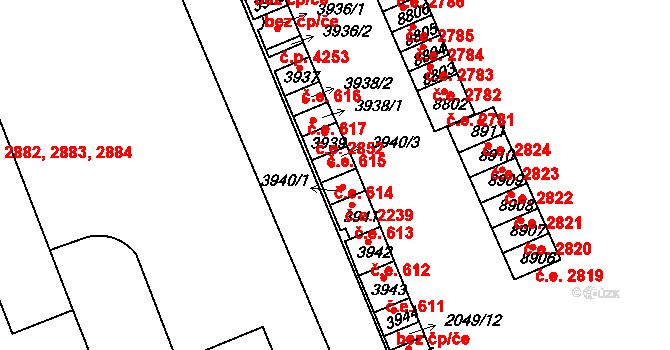 Hodonín 614 na parcele st. 3940/3 v KÚ Hodonín, Katastrální mapa
