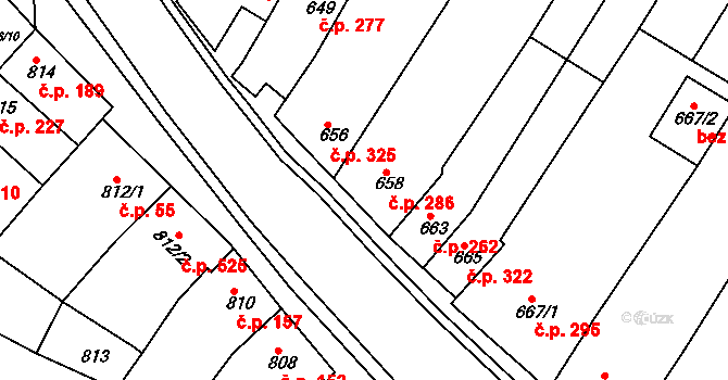 Blučina 286 na parcele st. 658 v KÚ Blučina, Katastrální mapa