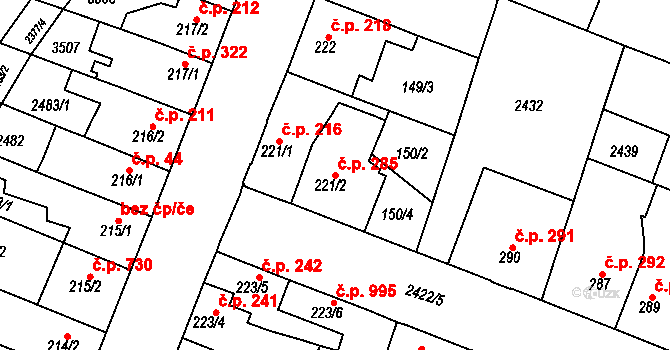 Rosice 285 na parcele st. 221/2 v KÚ Rosice u Brna, Katastrální mapa