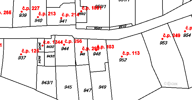 Kuřim 103 na parcele st. 948 v KÚ Kuřim, Katastrální mapa