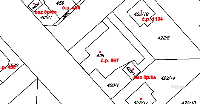 Doubravka 867, Plzeň na parcele st. 425 v KÚ Doubravka, Katastrální mapa