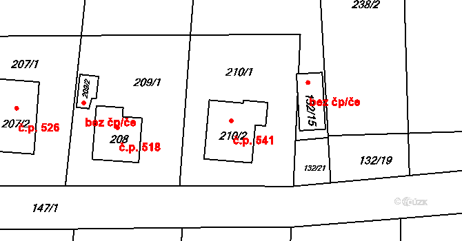 Běchovice 541, Praha na parcele st. 210/2 v KÚ Běchovice, Katastrální mapa