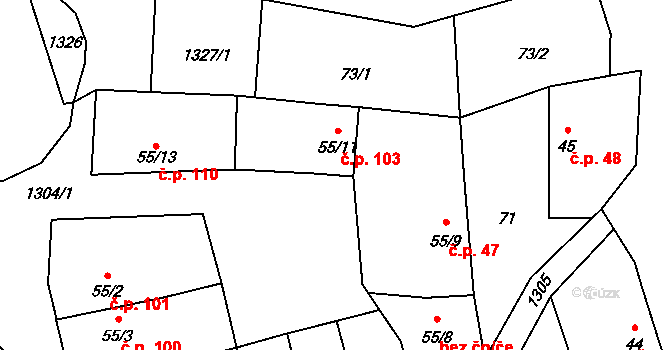 Krpy 103, Kropáčova Vrutice na parcele st. 55/11 v KÚ Krpy, Katastrální mapa