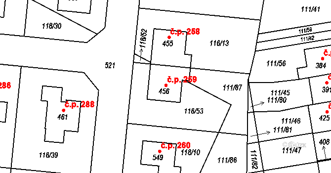 Holohlavy 259 na parcele st. 456 v KÚ Holohlavy, Katastrální mapa