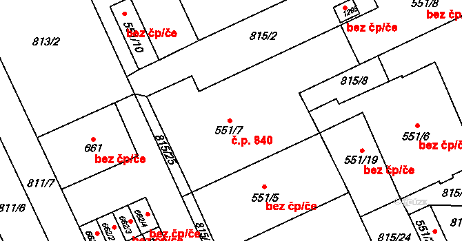 Vrahovice 840, Prostějov na parcele st. 551/7 v KÚ Vrahovice, Katastrální mapa