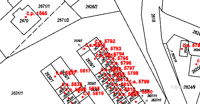 Kadaň 5793 na parcele st. 2627/3 v KÚ Kadaň, Katastrální mapa