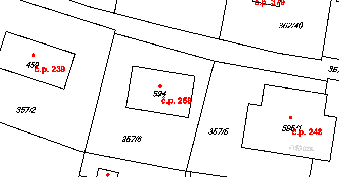 Chocerady 258 na parcele st. 594 v KÚ Chocerady, Katastrální mapa