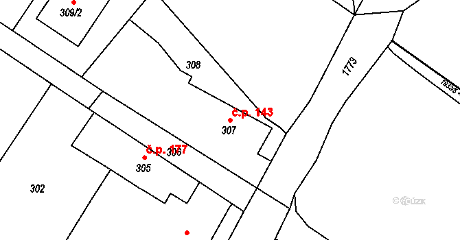 Kozmice 143 na parcele st. 307 v KÚ Kozmice, Katastrální mapa