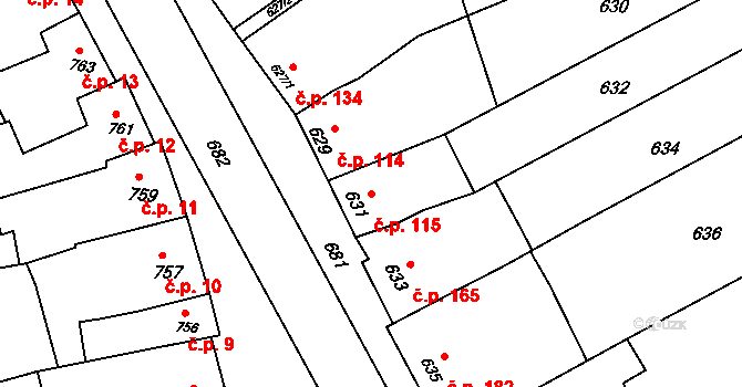 Pustiměřské Prusy 115, Pustiměř na parcele st. 631 v KÚ Pustiměř, Katastrální mapa