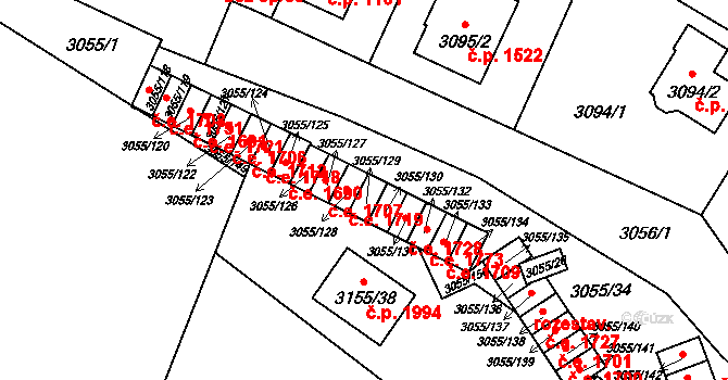 Děčín VI-Letná 1693, Děčín na parcele st. 3055/129 v KÚ Podmokly, Katastrální mapa