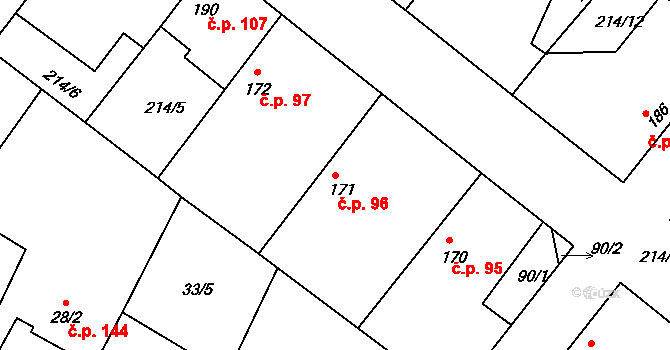 Jestřabí Lhota 96 na parcele st. 171 v KÚ Jestřabí Lhota, Katastrální mapa