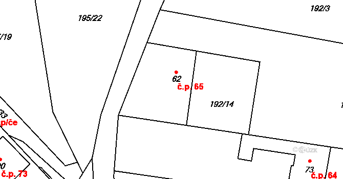 Housko 65, Vysočany na parcele st. 62 v KÚ Housko, Katastrální mapa