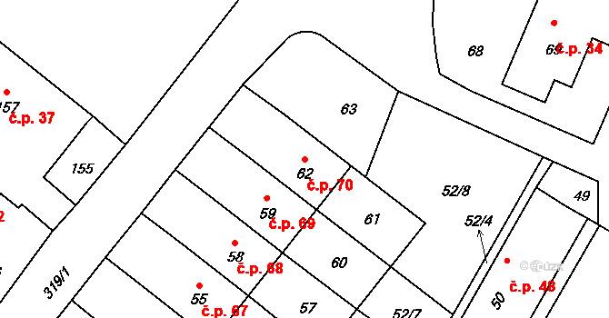 Jestřabí 70, Fulnek na parcele st. 62 v KÚ Jestřabí u Fulneku, Katastrální mapa