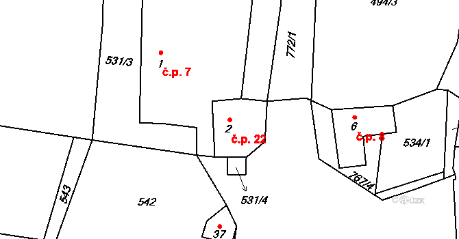 Bořanovice 22, Vimperk na parcele st. 2 v KÚ Bořanovice u Vimperka, Katastrální mapa
