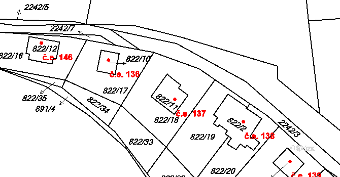 Mříč 137, Křemže na parcele st. 822/11 v KÚ Křemže, Katastrální mapa