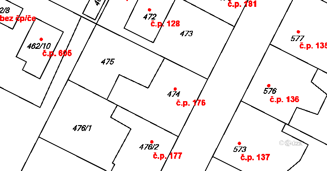 Zruč 176, Zruč-Senec na parcele st. 474 v KÚ Zruč, Katastrální mapa