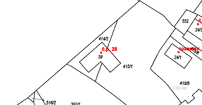 Paseky 28, Horní Stropnice na parcele st. 39 v KÚ Paseky u Horní Stropnice, Katastrální mapa