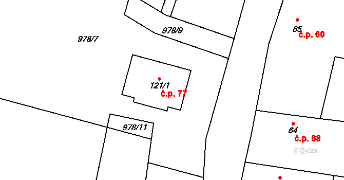 Radošice 77, Mladý Smolivec na parcele st. 121/1 v KÚ Radošice, Katastrální mapa