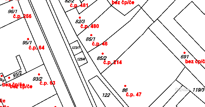 Kvasice 214 na parcele st. 85/2 v KÚ Kvasice, Katastrální mapa