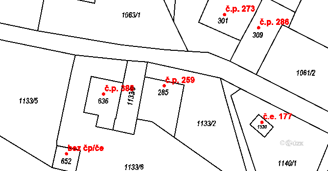 Vranov nad Dyjí 259 na parcele st. 285 v KÚ Vranov nad Dyjí, Katastrální mapa