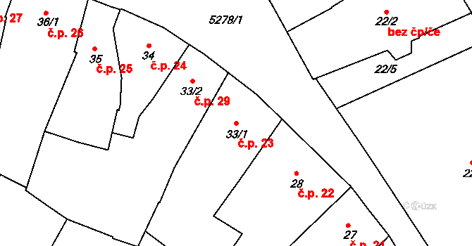 Znojmo 23 na parcele st. 33/1 v KÚ Znojmo-město, Katastrální mapa
