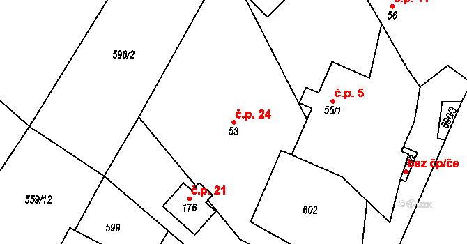 Starý Samechov 24, Řendějov na parcele st. 53 v KÚ Řendějov, Katastrální mapa