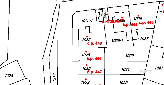 Jihlava 443 na parcele st. 1022 v KÚ Jihlava, Katastrální mapa