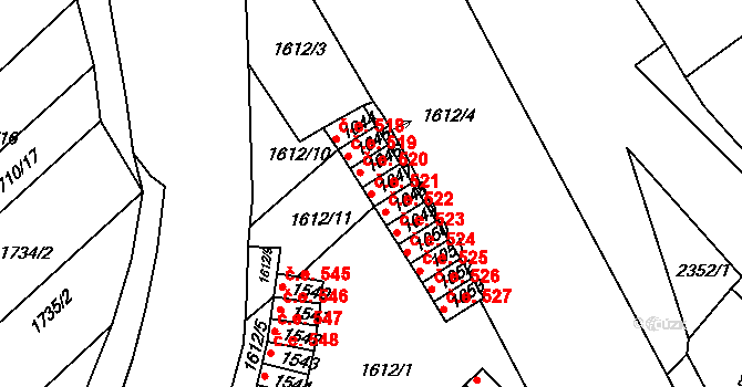 Tišnov 521 na parcele st. 1047 v KÚ Tišnov, Katastrální mapa