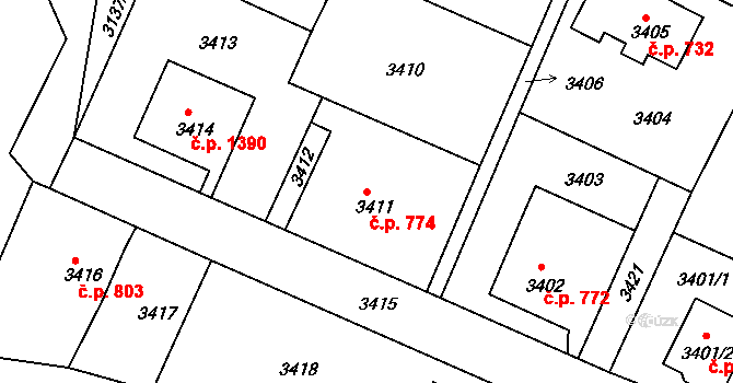 Děčín VI-Letná 774, Děčín na parcele st. 3411 v KÚ Podmokly, Katastrální mapa
