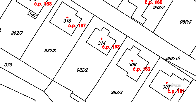 Vojice 163, Podhorní Újezd a Vojice na parcele st. 314 v KÚ Vojice, Katastrální mapa