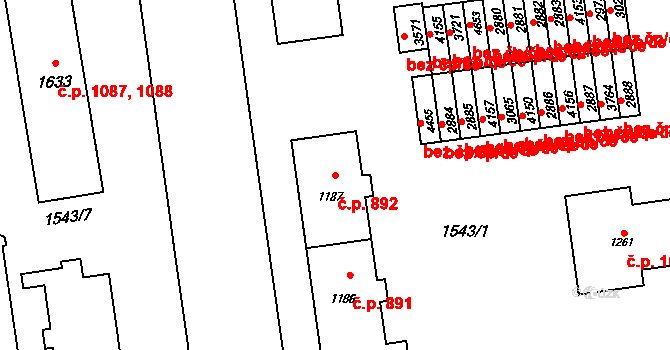 Rožnov pod Radhoštěm 892 na parcele st. 1187 v KÚ Rožnov pod Radhoštěm, Katastrální mapa