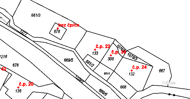 Děčín XVI-Přípeř 22, Děčín na parcele st. 133 v KÚ Prostřední Žleb, Katastrální mapa