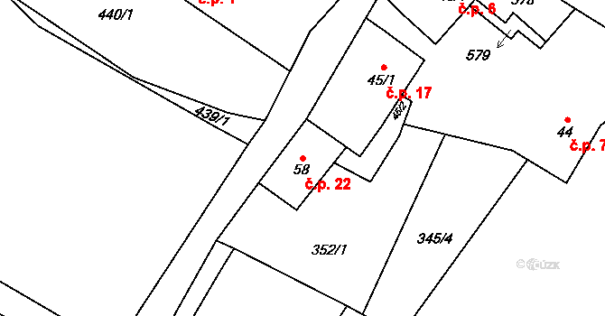 Tažovická Lhota 22, Volenice na parcele st. 58 v KÚ Tažovice, Katastrální mapa