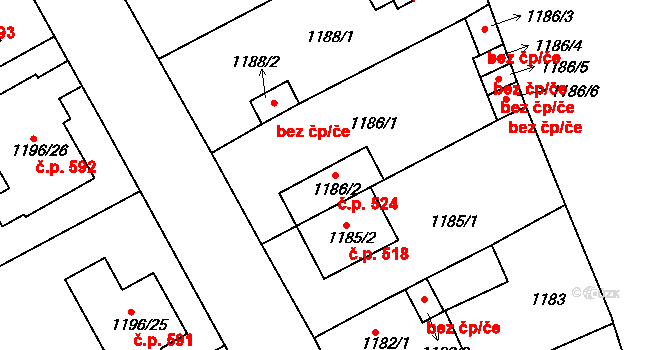 Proboštov 524 na parcele st. 1186/2 v KÚ Proboštov u Teplic, Katastrální mapa