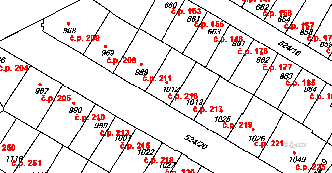 Stařečka 216, Třebíč na parcele st. 1012 v KÚ Třebíč, Katastrální mapa