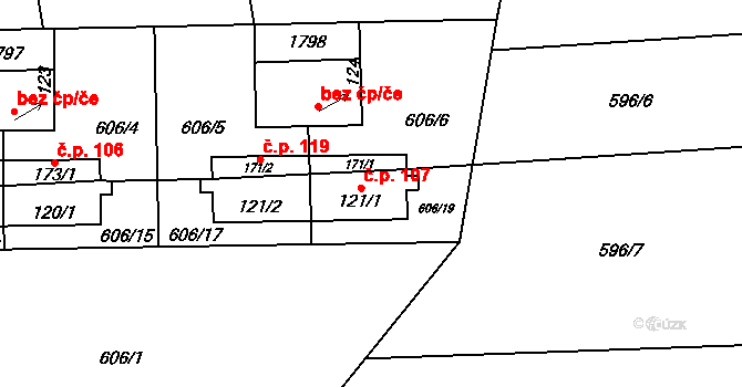 Březno 107, Postoloprty na parcele st. 121/1 v KÚ Březno u Postoloprt, Katastrální mapa