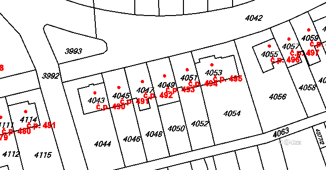 Záběhlice 493, Praha na parcele st. 4049 v KÚ Záběhlice, Katastrální mapa