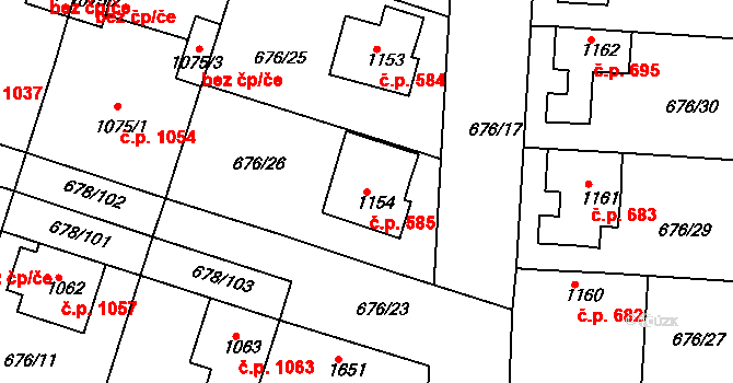 Rosice 585 na parcele st. 1154 v KÚ Rosice u Brna, Katastrální mapa