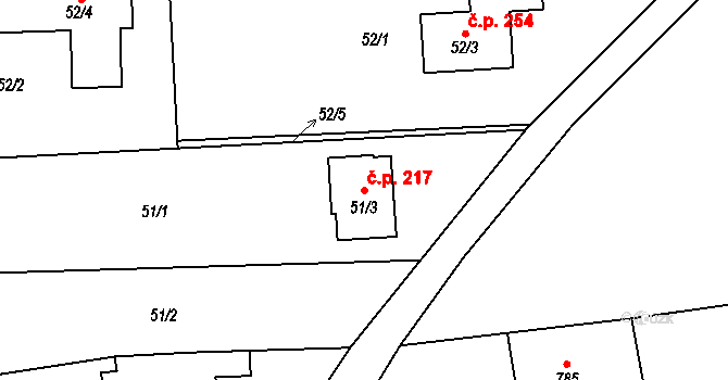 Řícmanice 217 na parcele st. 51/3 v KÚ Řícmanice, Katastrální mapa